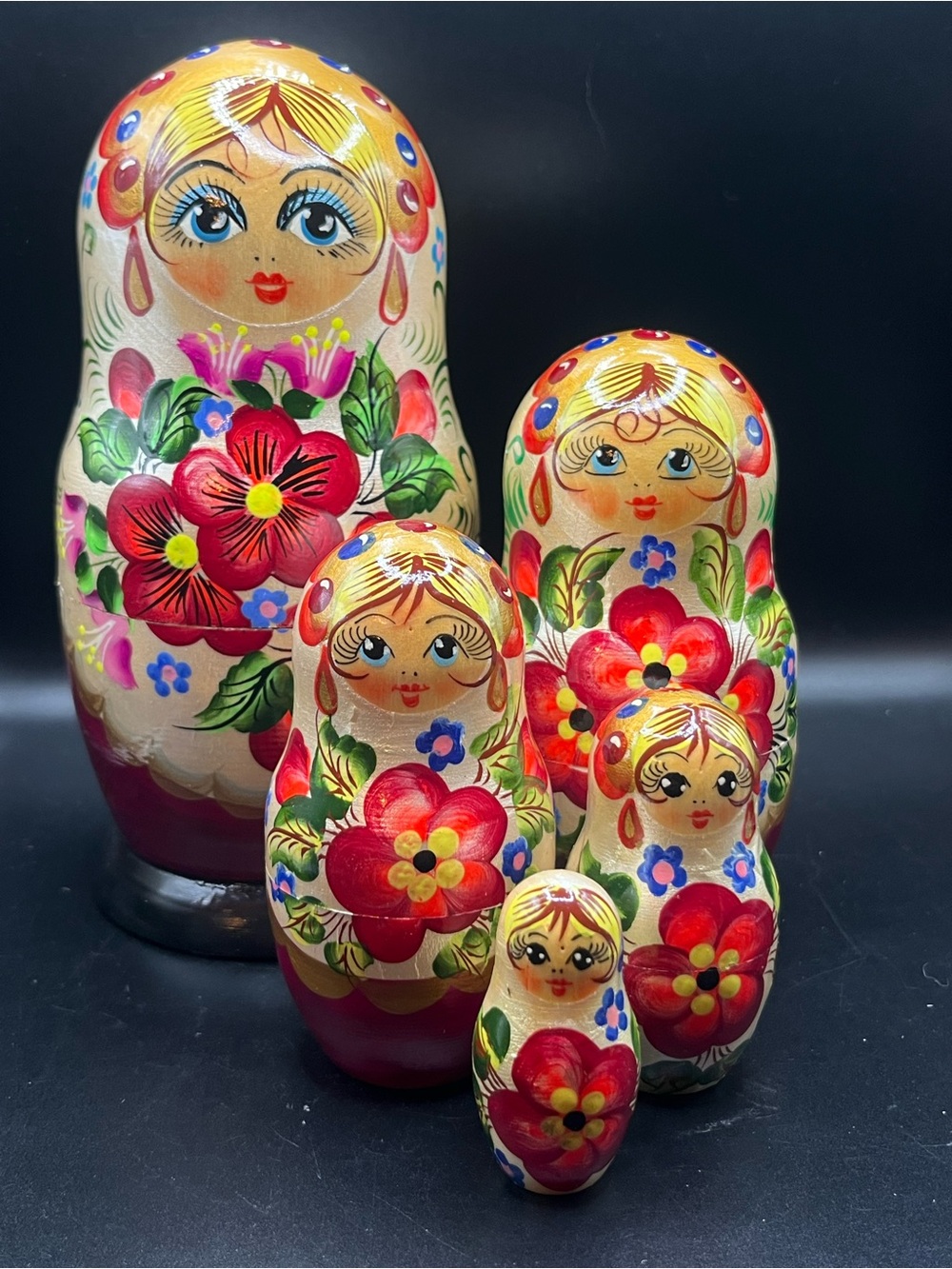 Hand-Painted Matryoshka Nesting Dolls Set - Red Floral